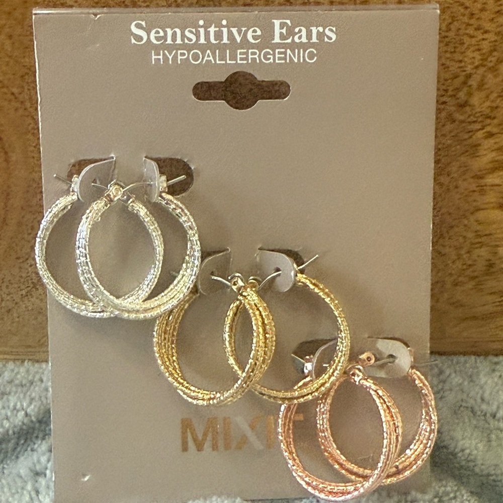 NWT Mixit Silver, Gold and Rose Gold Hoop Earring Set for Sensitive Ears